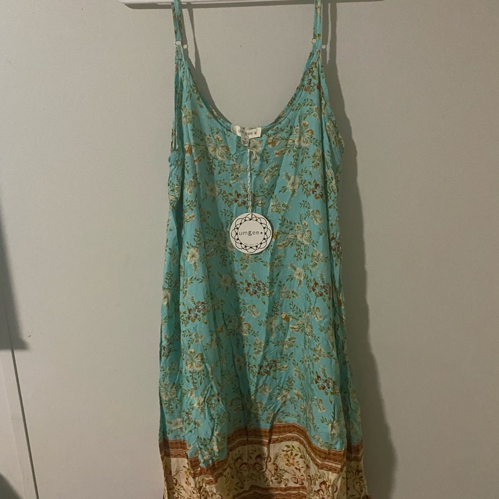 Umgee Aqua and Tan Floral Dress
